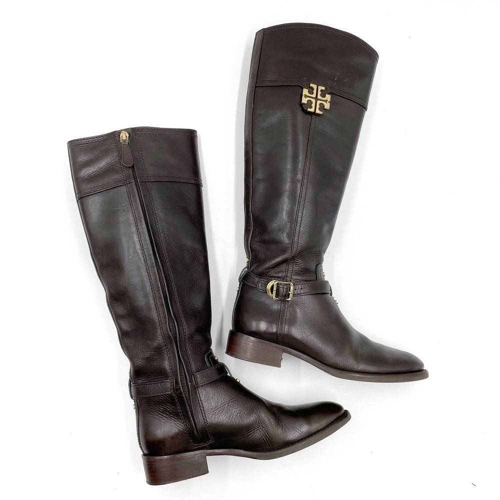 Tory Burch Eloise Riding‎ Boots Leather Dark Brown Knee High Gold Logo Sz 5.5
